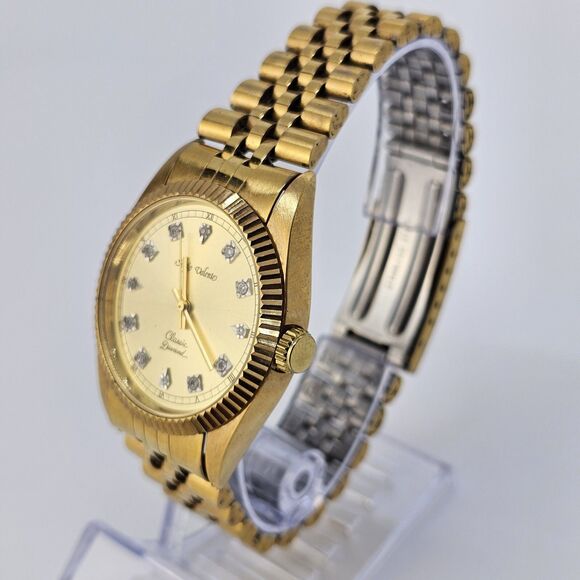 VTG Sergio Valente Watch 36MM Gold Dial Gold Bracelet Diamonds 7.5" NewBattery - Picture 2 of 15